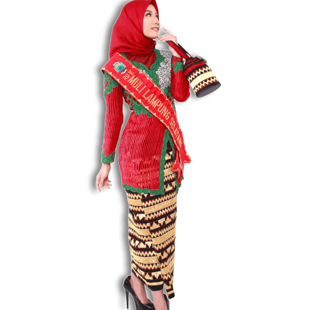 Perempuan memakai kain tapis Abung Lampung dengan sulaman benang emas dan merah bermotif geometris tradisional