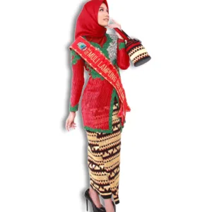 Perempuan memakai kain tapis Abung Lampung dengan sulaman benang emas dan merah bermotif geometris tradisional